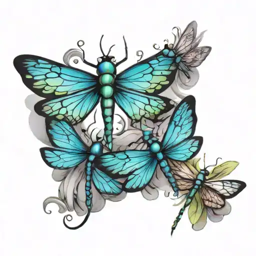 A tattoo design featuring five dragonflies, each representing one of your kids, with each dragonfly having a unique color and pattern to symbolize their individuality tattoo design idea