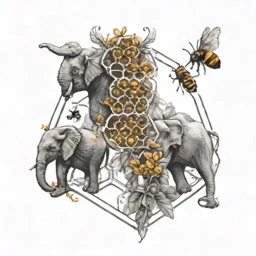 A tattoo design of an intricate honeycomb pattern with bees and elephants intertwined to symbolize your role as a business owner in a realism style tattoo design idea