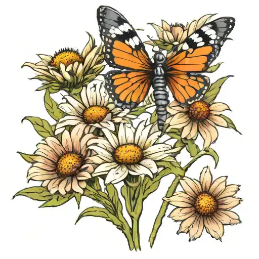 5 cone flowers with a dragon fly   tattoo design idea