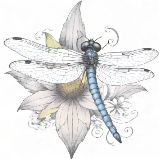 dragon fly sitting on a cone flower with kids names in the wings Zach, tieson, Nathaniel, Kris, Elyse tattoo design idea