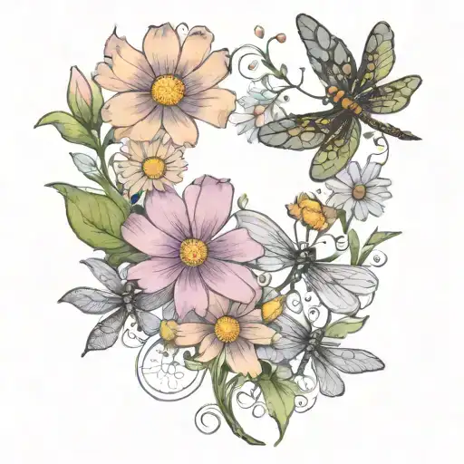 5 dragon flies flying over daisy bouquet tattoo design idea