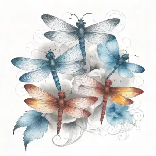 A tattoo design featuring five dragonflies, each representing one of your kids, with each dragonfly having a unique color and pattern to symbolize their individuality tattoo design idea