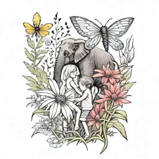 A tattoo design featuring 5 children playing with dragonflies in a field of cone flowers, with a hidden image of an elephant in the background tattoo design idea