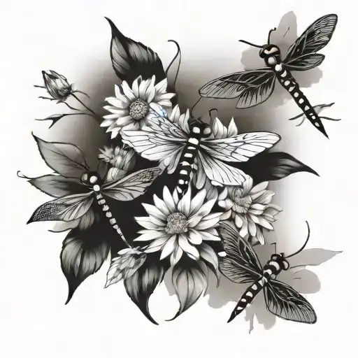 A tattoo design featuring each of your 5 kids represented by a different type of flower (daisy, cone flower) and a dragonfly, symbolizing their individuality and connection to nature tattoo design idea