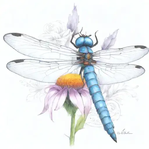 dragon fly sitting on a cone flower with kids names in the wings Zach, tieson, Nathaniel, Kris, Elyse tattoo design idea
