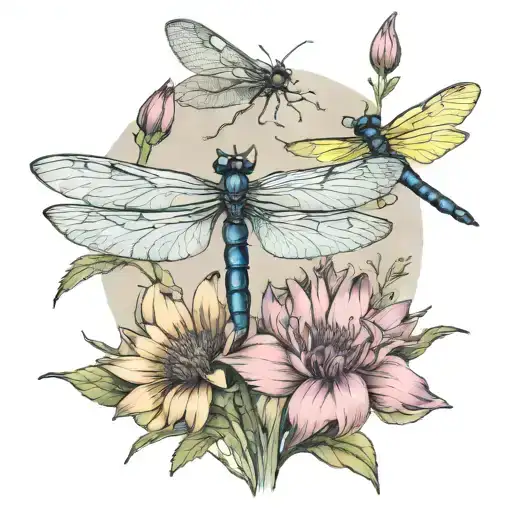 5 dragon flies flying over cone flowers  tattoo design idea