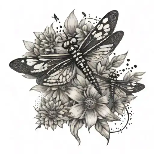 A tattoo design of a mother dragonfly surrounded by five smaller dragonflies, each representing one of your kids, with cone flowers in the background tattoo design idea