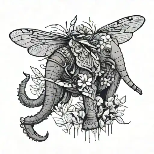 A dragonfly perched on an elephant's trunk, symbolizing the harmony between your love for nature and family tattoo design idea