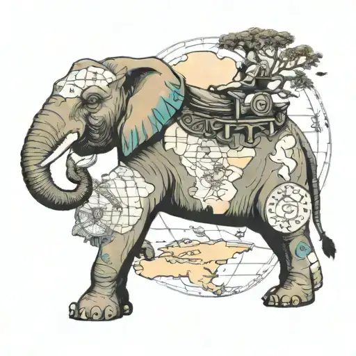 A tattoo design of your kids riding on the back of an elephant on a world map to symbolize your love for travelling and family in a neotraditional style tattoo design idea