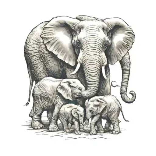 mother elephant playing with her 5 baby elephants   tattoo design idea