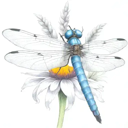 dragon fly sitting on a cone flower with kids names in the wings Zach, tieson, Nathaniel, Kris, Elyse tattoo design idea