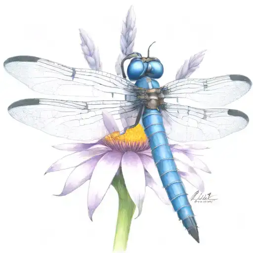 dragon fly sitting on a cone flower with kids names in the wings Zach, tieson, Nathaniel, Kris, Elyse tattoo design idea