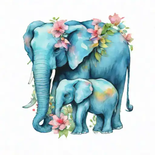 mom elephant and 5 baby elephants following each other with flowers  tattoo design idea