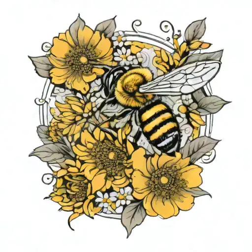honey bee sitting on February flower, July flower, August flower and December flower wrapped around ankle   tattoo design idea