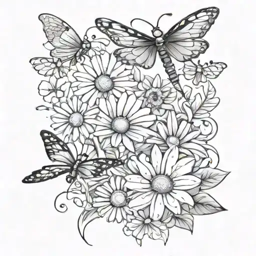 A tattoo design featuring five different daisy flowers, each representing one of your kids, with a dragonfly flying above them tattoo design idea