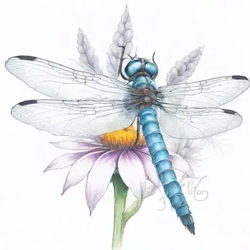 dragon fly sitting on a cone flower with kids names in the wings Zach, tieson, Nathaniel, Kris, Elyse tattoo design idea