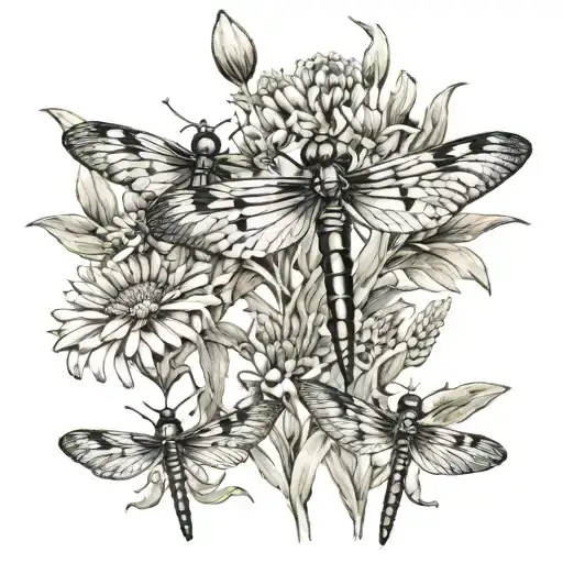 A realistic tattoo of a mother dragonfly gently guiding her 5 baby dragonflies towards a field of blooming cone flowers tattoo design idea