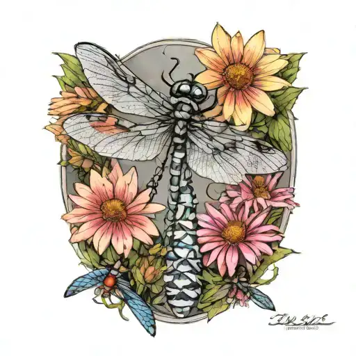 A realistic portrait of a mother dragonfly surrounded by her 5 baby dragonflies resting on a bed of cone flowers tattoo design idea
