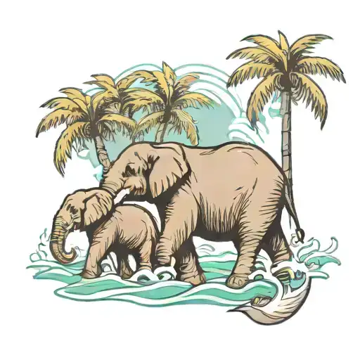 A tattoo design of an elephant family walking through a tropical forest with palm trees and ocean waves in the background tattoo design idea