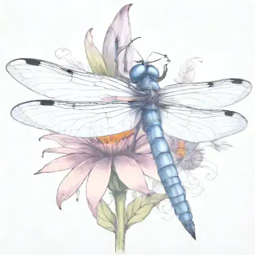 dragon fly sitting on a cone flower with kids names in the wings Zach, tieson, Nathaniel, Kris, Elyse tattoo design idea