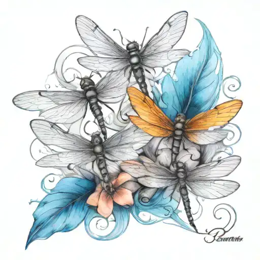 A tattoo design featuring five dragonflies, each representing one of your kids, with each dragonfly having a unique color and pattern to symbolize their individuality tattoo design idea