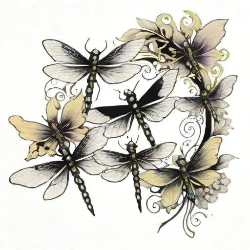 A tattoo design featuring five dragonflies, each representing one of your kids, with each dragonfly having a unique color and pattern to symbolize their individuality tattoo design idea