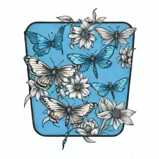 A tattoo design featuring each of your 5 children's names intertwined with vibrant cone flowers and dragonflies tattoo design idea