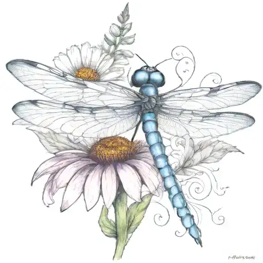 dragon fly sitting on a cone flower with kids names in the wings Zach, tieson, Nathaniel, Kris, Elyse tattoo design idea