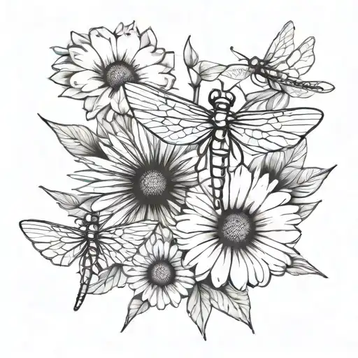 A tattoo design featuring each of your 5 kids represented by a different type of flower (daisy, cone flower) and a dragonfly, symbolizing their individuality and connection to nature tattoo design idea