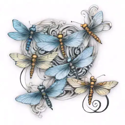 A tattoo design featuring five dragonflies, each representing one of your kids, with each dragonfly having a unique color and pattern to symbolize their individuality tattoo design idea