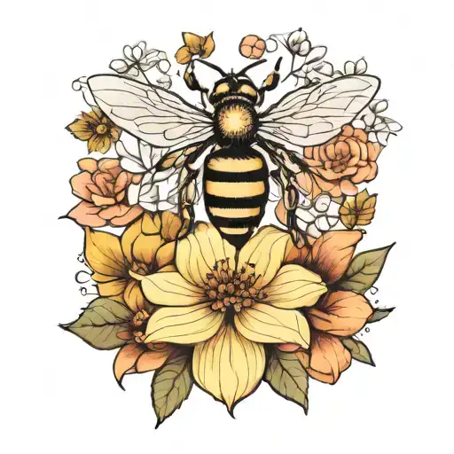 mother bee February flower, July flower, August flower and December flower  tattoo design idea