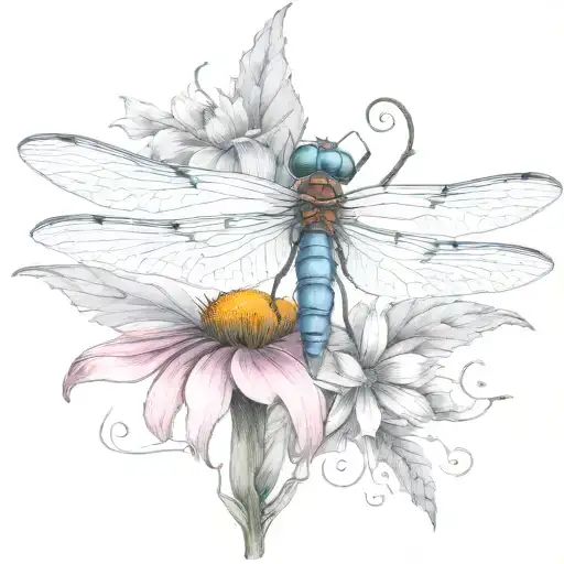 dragon fly sitting on a cone flower with kids names in the wings Zach, tieson, Nathaniel, Kris, Elyse tattoo design idea