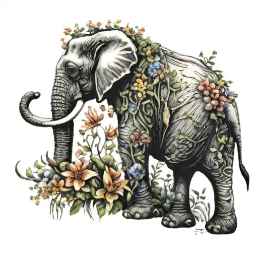 A tattoo of an elephant surrounded by wildflowers, symbolizing the strength and beauty of your family tattoo design idea