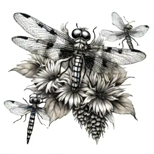 A realistic portrait of a mother dragonfly surrounded by her 5 baby dragonflies resting on a bed of cone flowers tattoo design idea