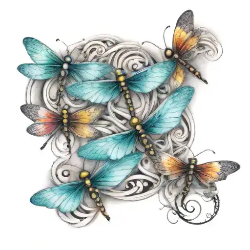 A tattoo design featuring five dragonflies, each representing one of your kids, with each dragonfly having a unique color and pattern to symbolize their individuality tattoo design idea