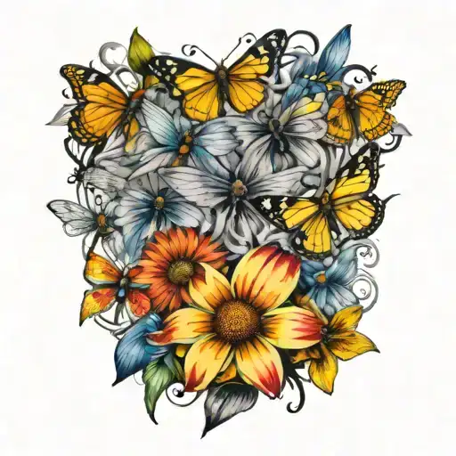 A tattoo design featuring each of your 5 children's names intertwined with vibrant cone flowers and dragonflies tattoo design idea