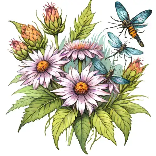 A realistic tattoo of a bouquet of cone flowers with 5 dragonflies hovering above them, representing your love for your children tattoo design idea