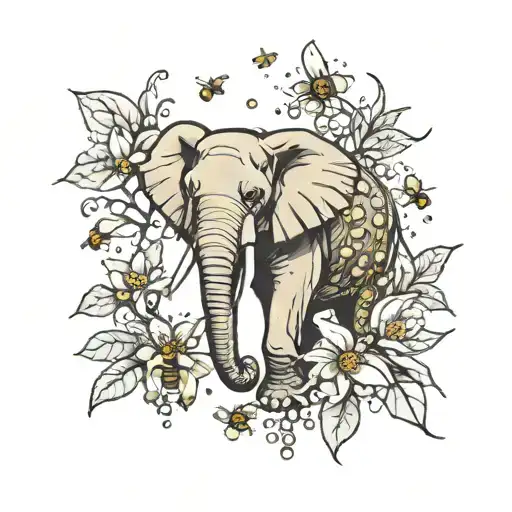 A neotraditional tattoo of an elephant surrounded by a swarm of bees, with cone flowers blooming around them tattoo design idea