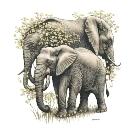 mother elephant with 5 babies breath and a bumblebee tattoo design idea