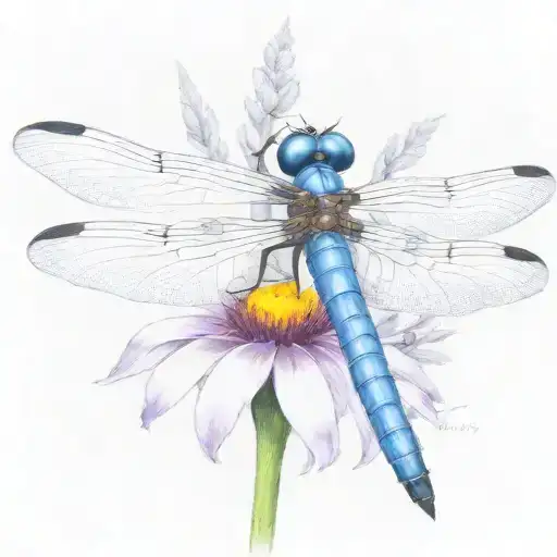 dragon fly sitting on a cone flower with kids names in the wings Zach, tieson, Nathaniel, Kris, Elyse tattoo design idea