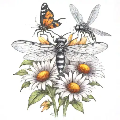 5 dragon flies flying over cone flowers  tattoo design idea