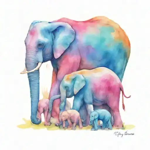 mom elephant and 5 baby elephants walking together  tattoo design idea