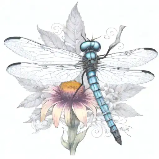 dragon fly sitting on a cone flower with kids names in the wings Zach, tieson, Nathaniel, Kris, Elyse tattoo design idea