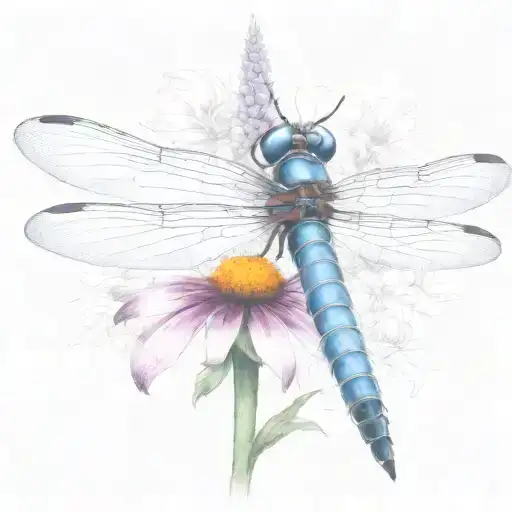 dragon fly sitting on a cone flower with kids names in the wings Zach, tieson, Nathaniel, Kris, Elyse tattoo design idea