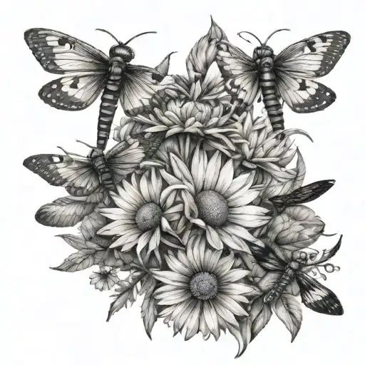 A realistic tattoo of a bouquet of cone flowers with 5 dragonflies hovering above them, representing your love for your children tattoo design idea