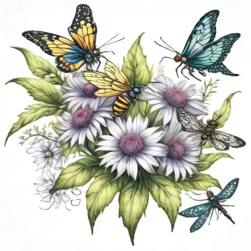 A realistic tattoo of a bouquet of cone flowers with 5 dragonflies hovering above them, representing your love for your children tattoo design idea