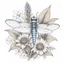 dragon fly sitting on a cone flower with kids names in the wings Zach, tieson, Nathaniel, Kris, Elyse tattoo design idea