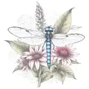 dragon fly sitting on a cone flower with kids names in the wings Zach, tieson, Nathaniel, Kris, Elyse tattoo design idea