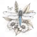 dragon fly sitting on a cone flower with kids names in the wings Zach, tieson, Nathaniel, Kris, Elyse tattoo design idea