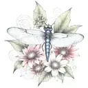 dragon fly sitting on a cone flower with kids names in the wings Zach, tieson, Nathaniel, Kris, Elyse tattoo design idea